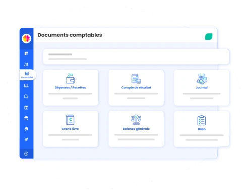 Aperçu des documents comptables générés par Mon Asso Facile : dépenses et recettes, compte de résultat, journal, grand livre, balance générale et bilan.